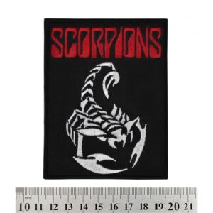 Рок нашивка Scorpions Logo & Scorpion с бяла бродерия и червено лого
