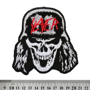 Метъл нашивка Slayer Skull с бродиран череп и червено лого