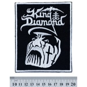 Метъл нашивка King Diamond Logo с бяла бродерия върху черен фон
