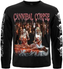 Предна част на черна тениска Cannibal Corpse Butchered at Birth дълъг ръкав с кървава обложка