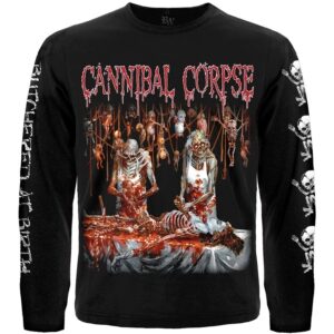 Предна част на черна тениска Cannibal Corpse Butchered at Birth дълъг ръкав с кървава обложка