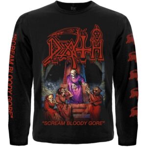 Предна част на черна фланела с дълъг ръкав Death Scream Bloody Gore с цветна щампа и червени надписи