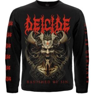 Черна мъжка тениска с дълъг ръкав Deicide с демонична щампа и червени лога по ръкавите