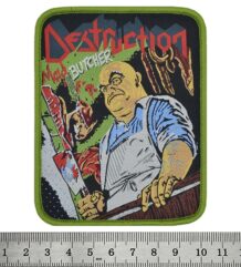 Правоъгълна бродирана метъл нашивка на Destruction с мотива Mad Butcher и зелен кант