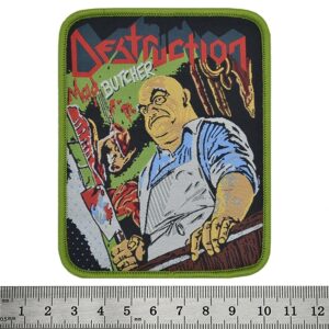Правоъгълна бродирана метъл нашивка на Destruction с мотива Mad Butcher и зелен кант