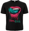 Лице на черна метъл тениска на Falling In Reverse с щампа на розови устни и тюркоазен език