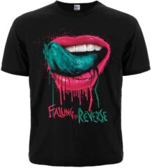 Лице на черна метъл тениска на Falling In Reverse с щампа на розови устни и тюркоазен език