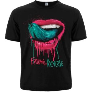 Лице на черна метъл тениска на Falling In Reverse с щампа на розови устни и тюркоазен език