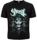 Предна част на черна метъл тениска Ghost с Papa Emeritus и бледозелено лого
