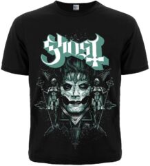 Предна част на черна метъл тениска Ghost с Papa Emeritus и бледозелено лого