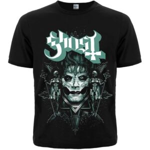 Предна част на черна метъл тениска Ghost с Papa Emeritus и бледозелено лого