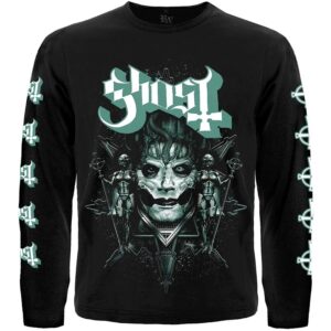 Черна мъжка тениска с дълъг ръкав Ghost с Papa Emeritus и тюркоазени лога по ръкавите