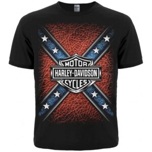 Черна рокерска тениска Harley-Davidson с голяма централна щампа и звезди