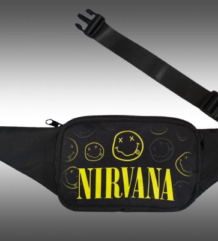 Текстилна черна чанта за кръста Nirvana Smiley с жълто лого и черна пластмасова тока