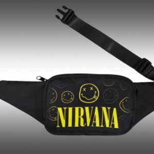 Текстилна черна чанта за кръста Nirvana Smiley с жълто лого и черна пластмасова тока