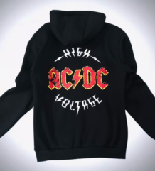 Гръб на черен метъл суичер с цип AC/DC High Voltage с голяма червено-жълта щампа
