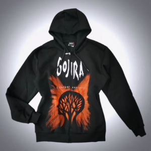 Предна част на черен памучен метъл суичери с цип Gojira с оранжева щампа на дърво