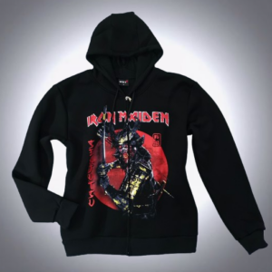 Предна част на черен метъл суичер с цип Iron Maiden Senjutsu със самурай щампа