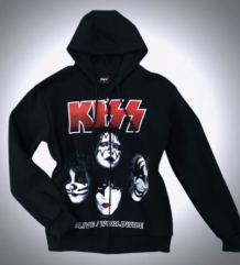 Предна част на черен метъл суичер с цип KISS Alive Worldwide с детайлна щампа на лицата