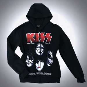 Предна част на черен метъл суичер с цип KISS Alive Worldwide с детайлна щампа на лицата