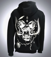 Гръб на черен метъл суичер с цип Motörhead с голяма бяла щампа Snaggletooth