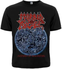 Предна част на черна метъл тениска Morbid Angel с детайлна щампа Altars of Madness