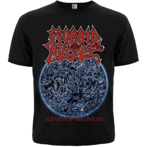 Предна част на черна метъл тениска Morbid Angel с детайлна щампа Altars of Madness