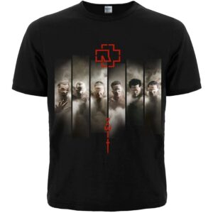 Лице на черна метъл тениска Rammstein Zeit с членовете на бандата и червено лого
