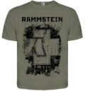 Предна част на музикална тениска на Rammstein в маслинено зелено с голямо износено лого