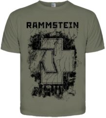Предна част на музикална тениска на Rammstein в маслинено зелено с голямо износено лого