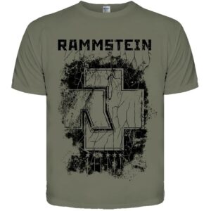 Предна част на музикална тениска на Rammstein в маслинено зелено с голямо износено лого