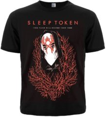 Черна метъл тениска Sleep Token с дизайн на маска и червени елементи
