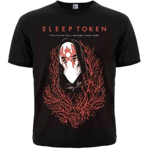 Черна метъл тениска Sleep Token с дизайн на маска и червени елементи
