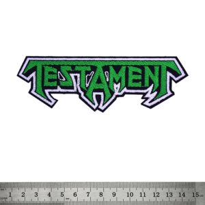 Метъл нашивка Testament Logo със зелена бродерия и бял контур