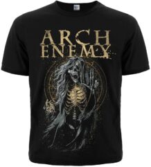 Предна част на черна музикална тениска на Arch Enemy със скелет и златисто лого