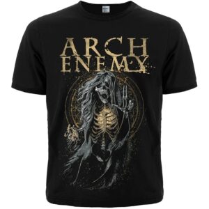 Предна част на черна музикална тениска на Arch Enemy със скелет и златисто лого