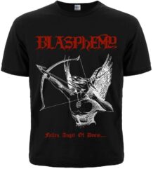 Предна част на черна метъл тениска на Blasphemy с демон и червено лого
