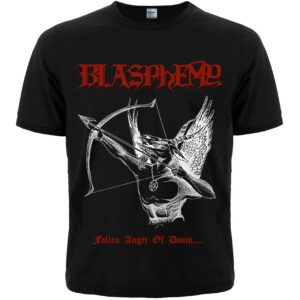 Предна част на черна метъл тениска на Blasphemy с демон и червено лого