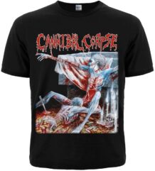 Предна част на черна метъл тениска на Cannibal Corpse с обложката на Tomb of the Mutilated