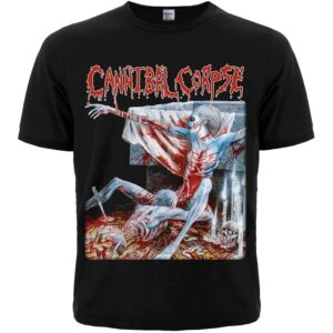 Предна част на черна метъл тениска на Cannibal Corpse с обложката на Tomb of the Mutilated