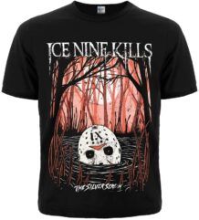 Предна част на черна метъл тениска на Ice Nine Kills с маска на Джейсън и червена гора