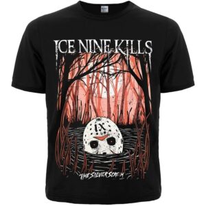 Предна част на черна метъл тениска на Ice Nine Kills с маска на Джейсън и червена гора