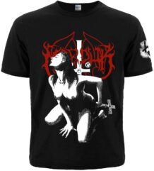 Лице на черна тениска Marduk с провокативен черно-бял дизайн и червено лого