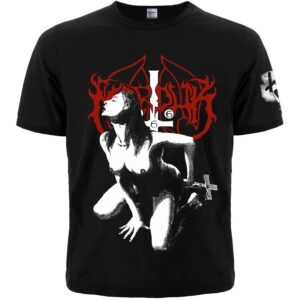Лице на черна тениска Marduk с провокативен черно-бял дизайн и червено лого