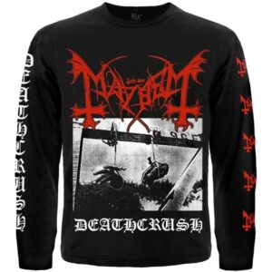 Черна мъжка тениска с дълъг ръкав Mayhem с червено лого и щампа Deathcrush отпред