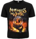 Лице на черна метъл тениска на Motionless In White с щампа на огнено земно кълбо