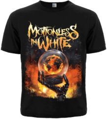 Лице на черна метъл тениска на Motionless In White с щампа на огнено земно кълбо