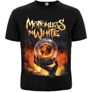Лице на черна метъл тениска на Motionless In White с щампа на огнено земно кълбо