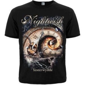 Черна метъл тениска на Nightwish Yesterwynde с детайлна арт щампа на часовник и кораб