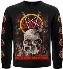 Предна част на черна тениска Slayer South of Heaven дълъг ръкав с череп и мечове